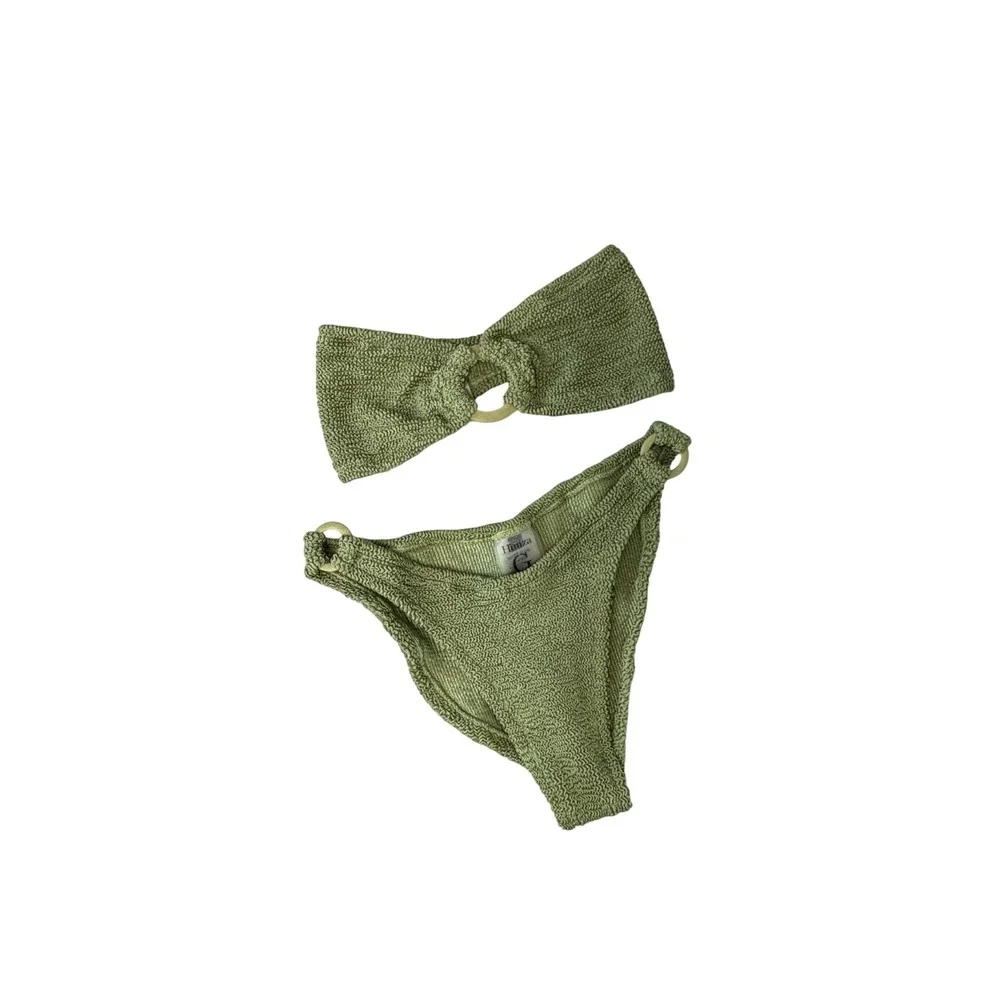Hunza G Gloria Bandeau Bikini Set Sage Green Seersucker Crinkle One Size